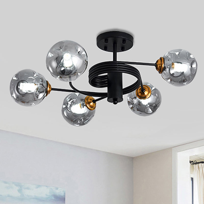 3/5 Lights Living Room Semi Flush with Ball Amber/Smoke Dimpled Blown Glass Shade Modernist Black Semi Flush Ceiling Light Clearhalo 'Ceiling Lights' 'Close To Ceiling Lights' 'Close to ceiling' 'Glass shade' 'Glass' 'Pendant Lights' 'Semi-flushmount' Lighting' 241680