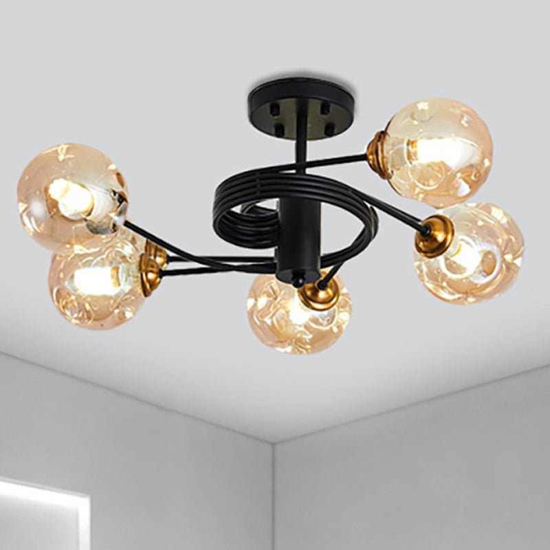 3/5 Lights Living Room Semi Flush with Ball Amber/Smoke Dimpled Blown Glass Shade Modernist Black Semi Flush Ceiling Light Clearhalo 'Ceiling Lights' 'Close To Ceiling Lights' 'Close to ceiling' 'Glass shade' 'Glass' 'Pendant Lights' 'Semi-flushmount' Lighting' 241682