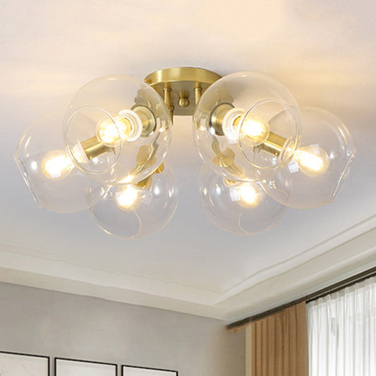 Clear Glass Sphere Semi Flush Lighting Modern 6 Lights Led Semi Flush Mount Lamp Fixture in Gold Gold Clearhalo 'Ceiling Lights' 'Close To Ceiling Lights' 'Close to ceiling' 'Glass shade' 'Glass' 'Semi-flushmount' Lighting' 241683