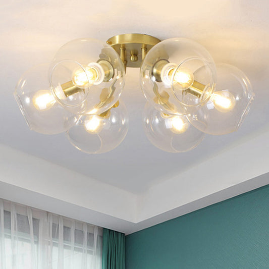 Clear Glass Sphere Semi Flush Lighting Modern 6 Lights Led Semi Flush Mount Lamp Fixture in Gold Clearhalo 'Ceiling Lights' 'Close To Ceiling Lights' 'Close to ceiling' 'Glass shade' 'Glass' 'Semi-flushmount' Lighting' 241685