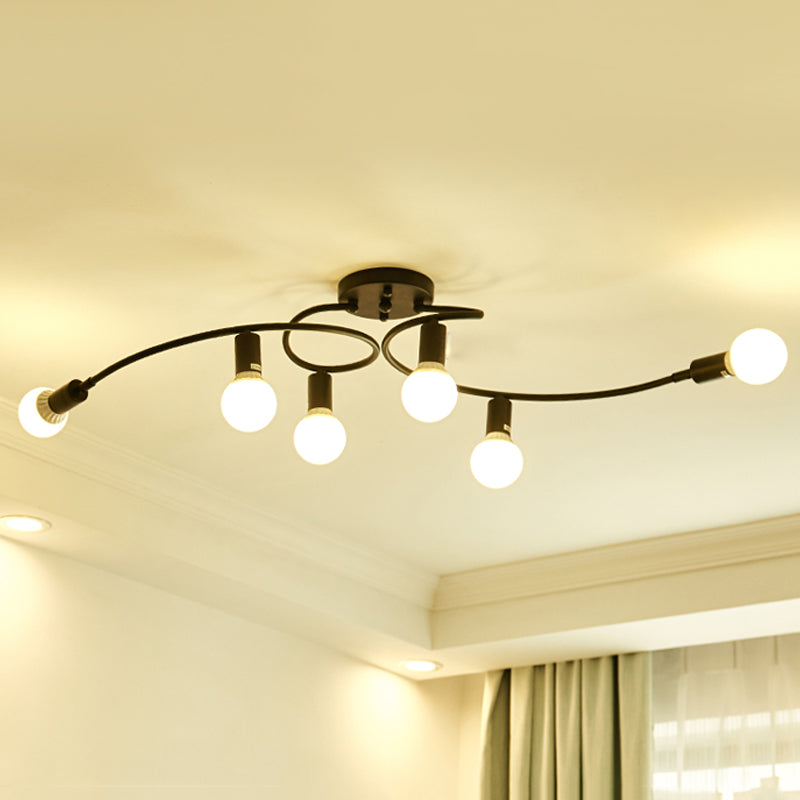 White/Black Curved Arm Semi Flush Mount with Opal Glass Bare Bulb Shade Contemporary Metal 6 Lights Semi Flush Light Fixture Black Clearhalo 'Ceiling Lights' 'Close To Ceiling Lights' 'Close to ceiling' 'Semi-flushmount' Lighting' 241686