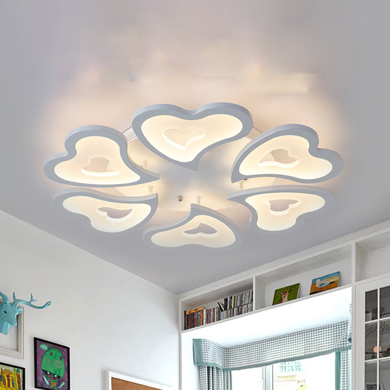 Hearts Bedroom LED Flush Lamp Acrylic 3/5/9-Light Modern Ceiling Mount Light Fixture in Warm/White/Natural Light 6 White Clearhalo 'Ceiling Lights' 'Close To Ceiling Lights' 'Close to ceiling' 'Semi-flushmount' Lighting' 241692