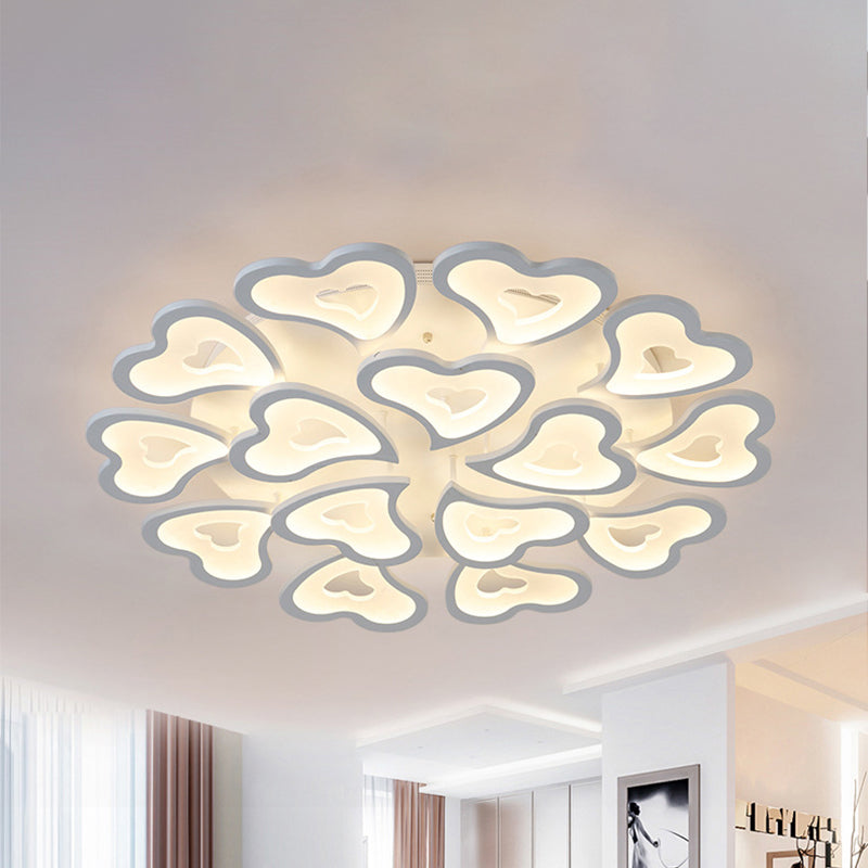 Hearts Bedroom LED Flush Lamp Acrylic 3/5/9-Light Modern Ceiling Mount Light Fixture in Warm/White/Natural Light 15 White Clearhalo 'Ceiling Lights' 'Close To Ceiling Lights' 'Close to ceiling' 'Semi-flushmount' Lighting' 241698