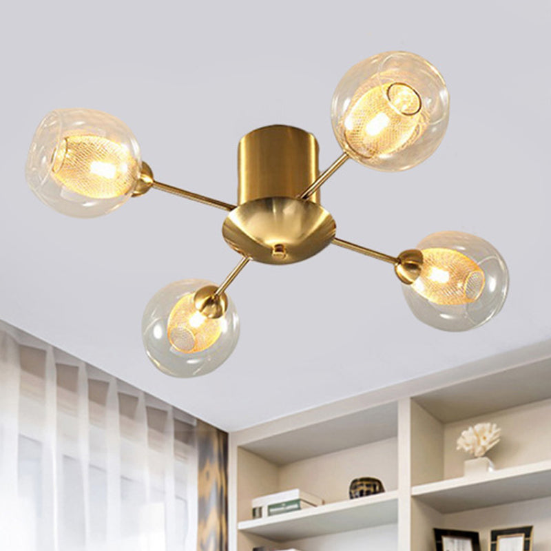 Round Semi Flush Mount Modernist Clear Glass 4/6 Lights Gold Led Semi Flush Ceiling Lamp with Inner Ribbed Glass Oval Shade Clearhalo 'Ceiling Lights' 'Close To Ceiling Lights' 'Close to ceiling' 'Glass shade' 'Glass' 'Semi-flushmount' Lighting' 241701
