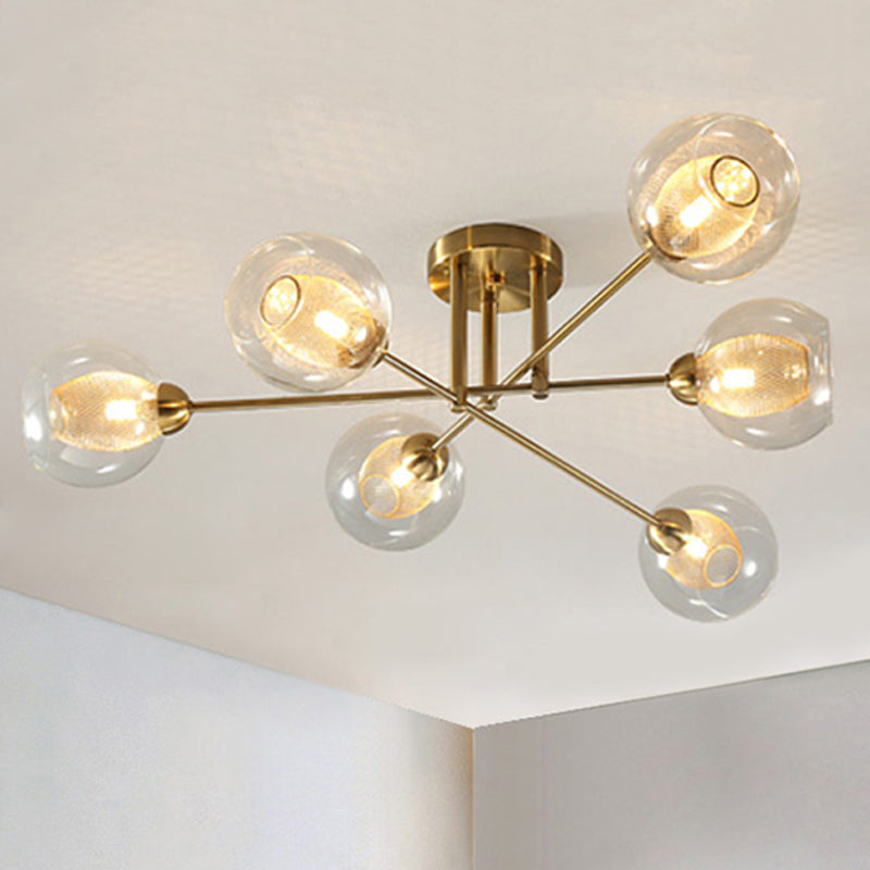 Round Semi Flush Mount Modernist Clear Glass 4/6 Lights Gold Led Semi Flush Ceiling Lamp with Inner Ribbed Glass Oval Shade 6 Gold Clearhalo 'Ceiling Lights' 'Close To Ceiling Lights' 'Close to ceiling' 'Glass shade' 'Glass' 'Semi-flushmount' Lighting' 241702