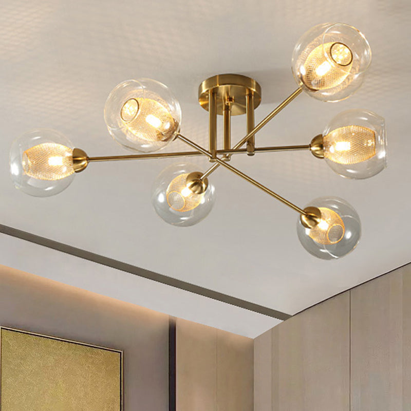 Round Semi Flush Mount Modernist Clear Glass 4/6 Lights Gold Led Semi Flush Ceiling Lamp with Inner Ribbed Glass Oval Shade Clearhalo 'Ceiling Lights' 'Close To Ceiling Lights' 'Close to ceiling' 'Glass shade' 'Glass' 'Semi-flushmount' Lighting' 241703