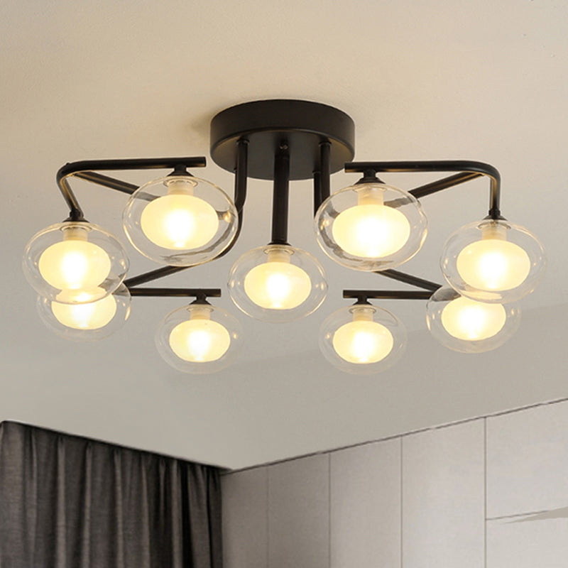 Clear Glass Global Semi Flush Mount with Multiple Rod Design Modernist 7/9 Lights Led Black Semi Flush Mount Lamp Fixture 9 Black Clearhalo 'Ceiling Lights' 'Close To Ceiling Lights' 'Close to ceiling' 'Glass shade' 'Glass' 'Semi-flushmount' Lighting' 241718