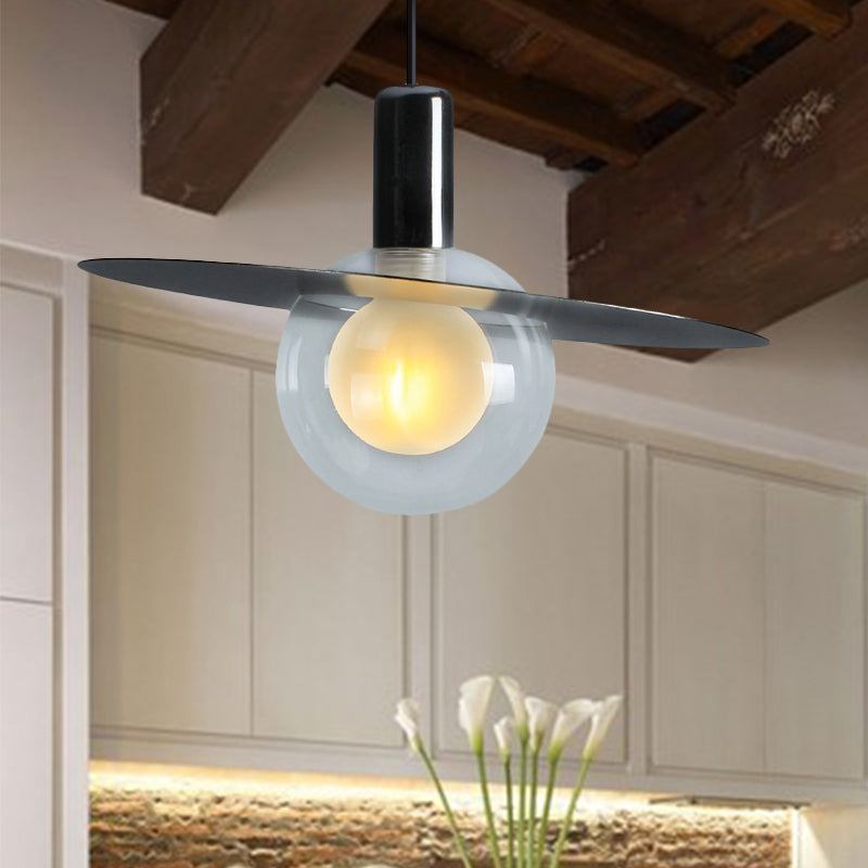 Globe Clear Glass Pendant Lamp Contemporary Led Black Hanging Light Fixture with Ring Disk Clearhalo 'Ceiling Lights' 'Glass shade' 'Glass' 'Modern Pendants' 'Modern' 'Pendant Lights' 'Pendants' Lighting' 241752