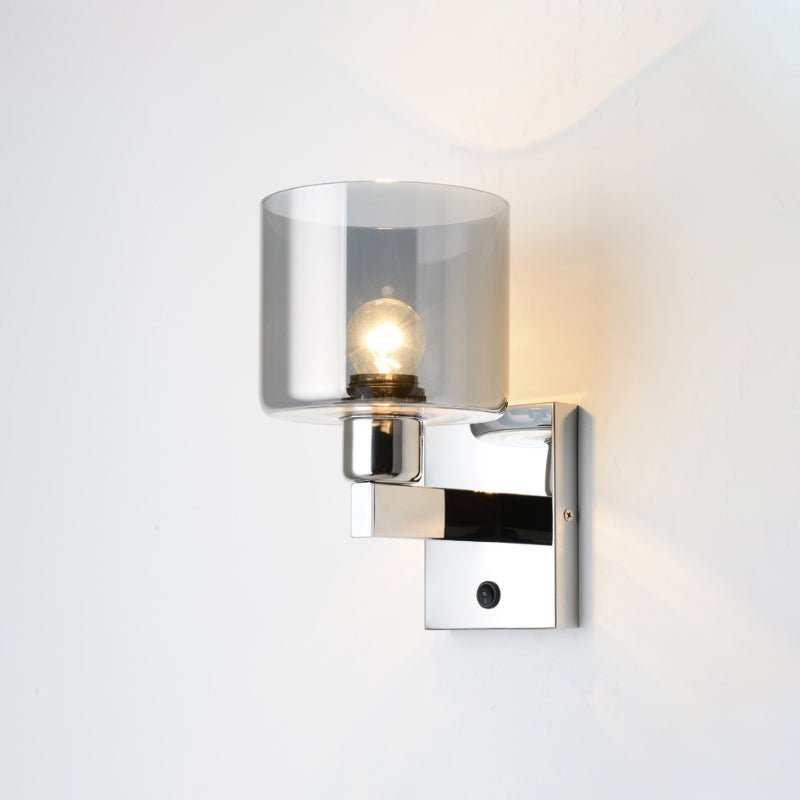 Cylindrical Grey Glass Wall Sconce Modernist 1 Light Chrome Wall Light Fixture with 1 Switch/2 Switches/No Switch Chrome 1 Switch Clearhalo 'Cast Iron' 'Glass' 'Industrial' 'Modern wall lights' 'Modern' 'Tiffany' 'Traditional wall lights' 'Wall Lamps & Sconces' 'Wall Lights' Lighting' 241799