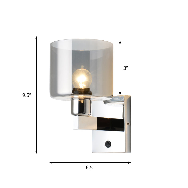 Cylindrical Grey Glass Wall Sconce Modernist 1 Light Chrome Wall Light Fixture with 1 Switch/2 Switches/No Switch Clearhalo 'Cast Iron' 'Glass' 'Industrial' 'Modern wall lights' 'Modern' 'Tiffany' 'Traditional wall lights' 'Wall Lamps & Sconces' 'Wall Lights' Lighting' 241801