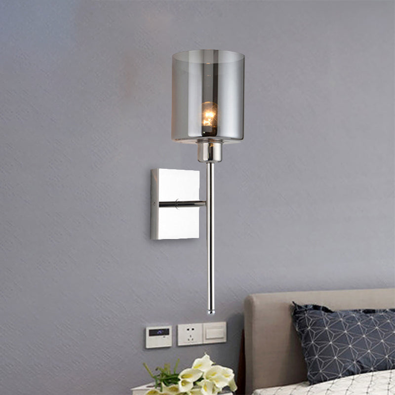 Beige/Chrome Cylindrical Sconce Modern 1 Light Smoke/Clear Glass Wall Mount Light with Switch/No Switch/Cable Switch Clearhalo 'Cast Iron' 'Glass' 'Industrial' 'Modern wall lights' 'Modern' 'Tiffany' 'Traditional wall lights' 'Wall Lamps & Sconces' 'Wall Lights' Lighting' 241807