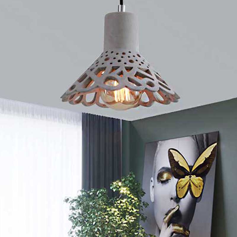 Etched Pendant Lighting in Nordic Style Concrete 1 Light Grey/White/Yellow Hanging Light with Geometric/Bell/Flared Shade Grey A Clearhalo 'Ceiling Lights' 'Modern Pendants' 'Modern' 'Pendant Lights' 'Pendants' Lighting' 241816