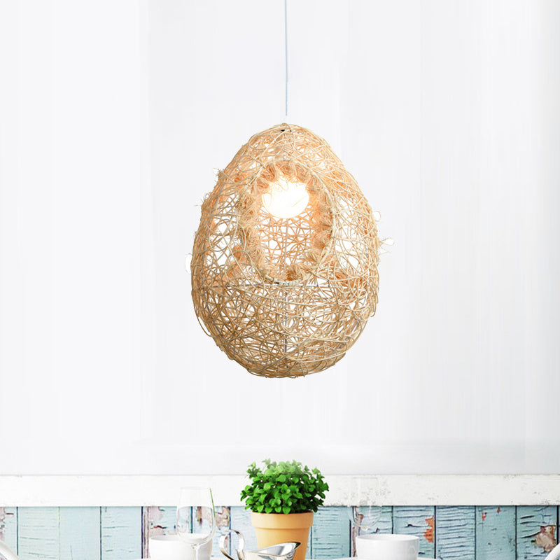 Woven Rattan Egg Shaped Pendant Light for Restaurant Rustic One Bulb Hanging Lamp in Beige Beige Clearhalo 'Ceiling Lights' 'Pendant Lights' 'Pendants' Lighting' 241887_9d84c8b2-7d1e-4d5d-9983-26f1e167b1a8