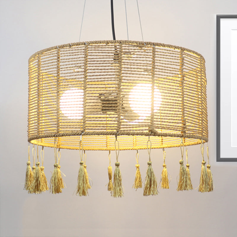 12"/16" Wide Drum Shade Pendant Lamp Modernist Style Rattan 1/3-Light Beige Hanging Lighting with Tassel Clearhalo 'Ceiling Lights' 'Pendant Lights' 'Pendants' Lighting' 241889