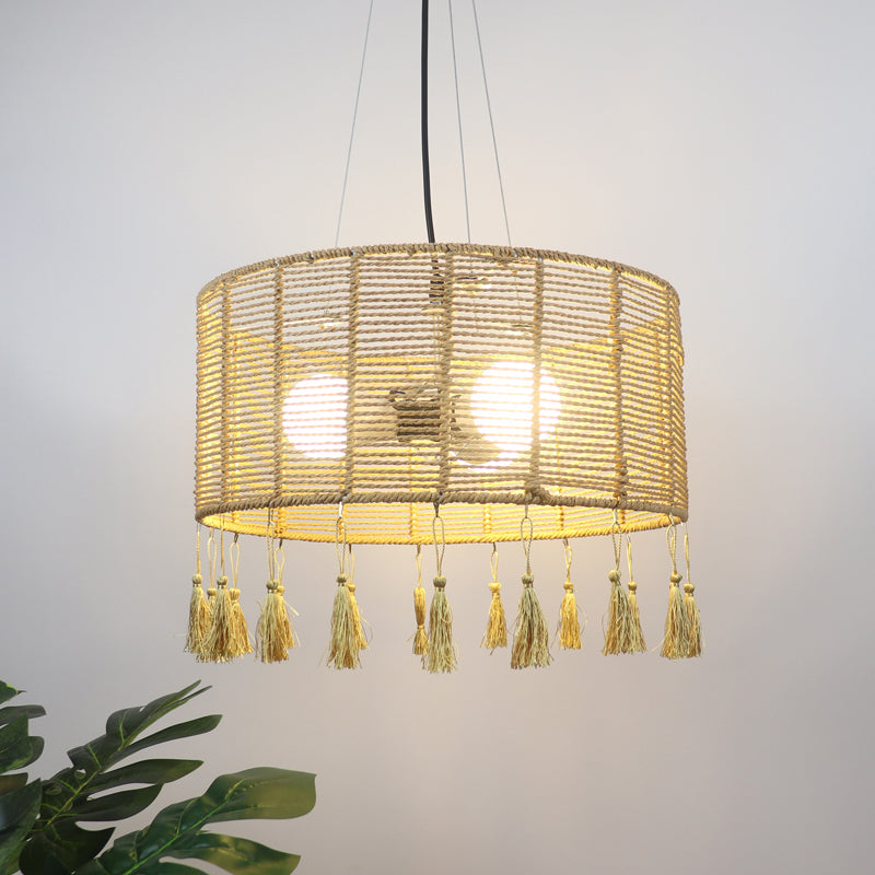 12"/16" Wide Drum Shade Pendant Lamp Modernist Style Rattan 1/3-Light Beige Hanging Lighting with Tassel Clearhalo 'Ceiling Lights' 'Pendant Lights' 'Pendants' Lighting' 241890