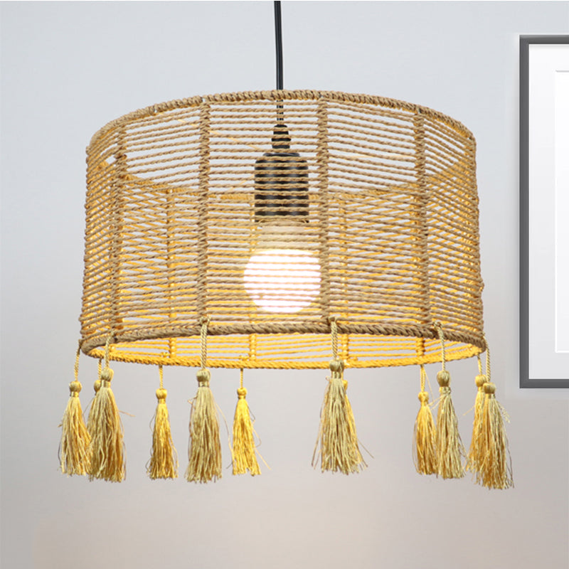 12"/16" Wide Drum Shade Pendant Lamp Modernist Style Rattan 1/3-Light Beige Hanging Lighting with Tassel Clearhalo 'Ceiling Lights' 'Pendant Lights' 'Pendants' Lighting' 241891