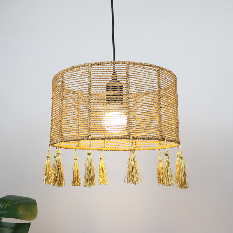 12"/16" Wide Drum Shade Pendant Lamp Modernist Style Rattan 1/3-Light Beige Hanging Lighting with Tassel Clearhalo 'Ceiling Lights' 'Pendant Lights' 'Pendants' Lighting' 241892