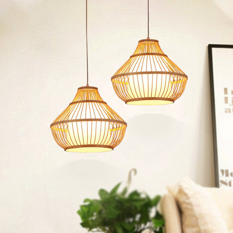 16"/18" W Curved Hanging Light Fixture Lodge Style Bamboo 1 Light Beige Pendant Lamp for Dining Room Clearhalo 'Ceiling Lights' 'Pendant Lights' 'Pendants' Lighting' 241906