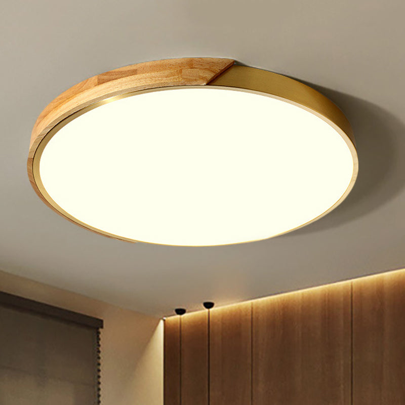 Drum Ceiling Lighting Simplicity Metal LED Wood Flush Mount Light Fixture in White/Warm Light, 12"/16" Wide Wood Clearhalo 'Ceiling Lights' 'Close To Ceiling Lights' 'Close to ceiling' 'Flush mount' Lighting' 241907