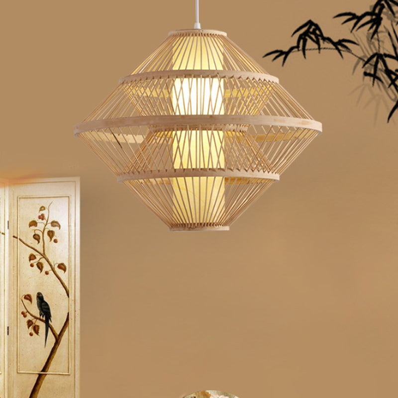 16"/19.5" W Weaving Pendant Lamp Asian Style Bamboo 1 Light Beige Hanging Light Fixture for Living Room Clearhalo 'Ceiling Lights' 'Pendant Lights' 'Pendants' Lighting' 241911