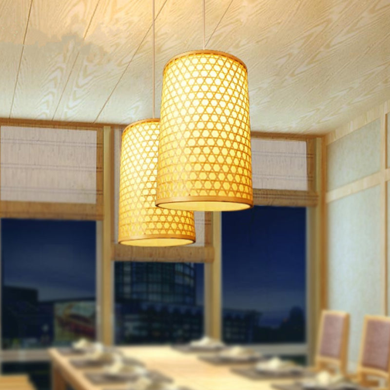 Cylindrical Bamboo Hanging Ceiling Light Modernist Style 1 Head Beige Pendant Lamp for Dining Room Clearhalo 'Ceiling Lights' 'Pendant Lights' 'Pendants' Lighting' 241913