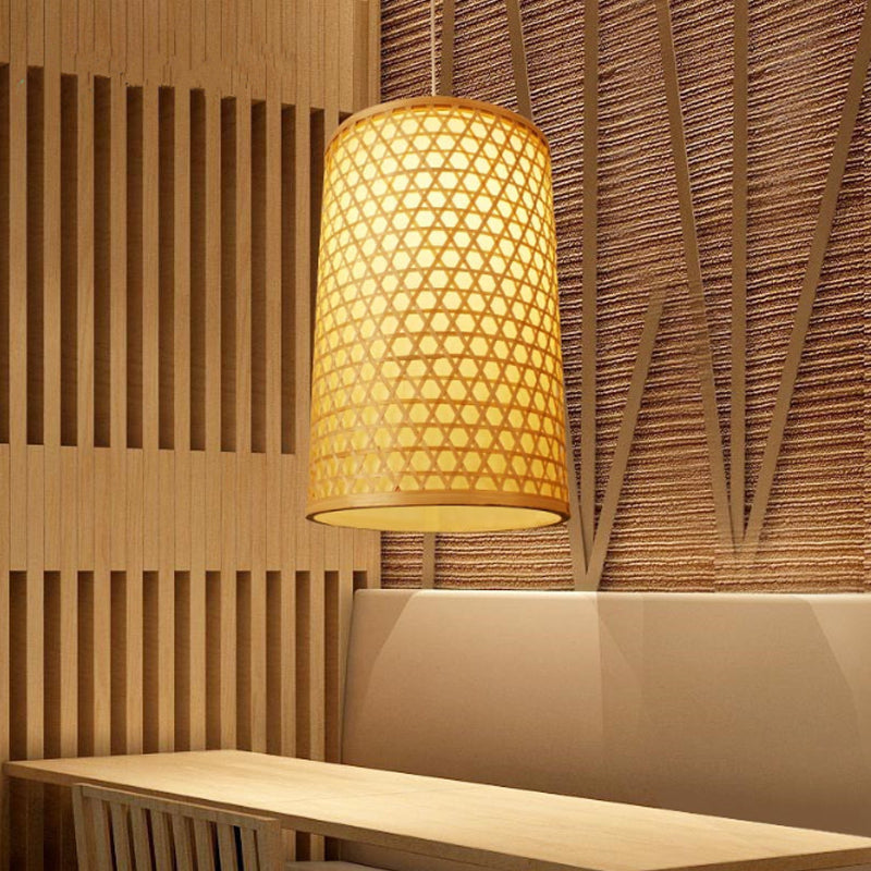 Cylindrical Bamboo Hanging Ceiling Light Modernist Style 1 Head Beige Pendant Lamp for Dining Room Clearhalo 'Ceiling Lights' 'Pendant Lights' 'Pendants' Lighting' 241914