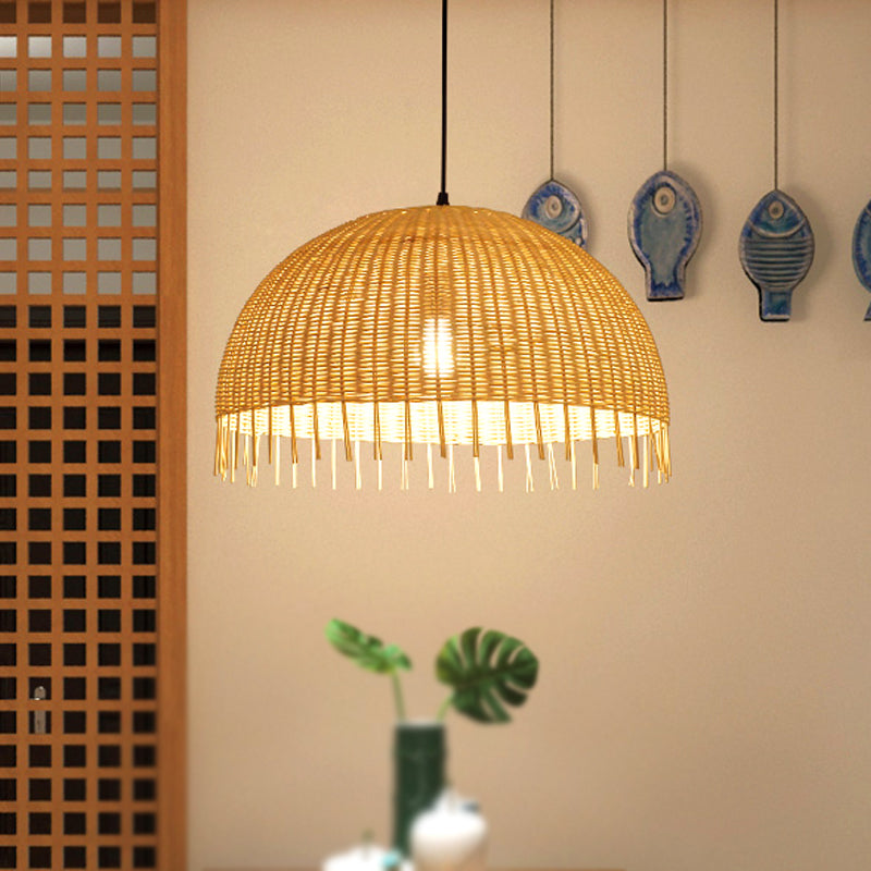 Beige Hand-Woven Pendant Light Fixture with Dome Shade Modern Style 12"/16" W 1 Head Rattan Hanging Lamp Clearhalo 'Ceiling Lights' 'Pendant Lights' 'Pendants' Lighting' 241925