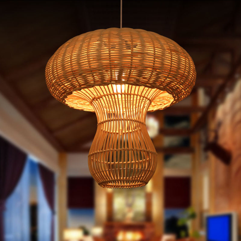 1 Light Hallway Hanging Light with Mushroom Rattan Shade Asian Style Brown/Beige Pendant Lighting Clearhalo 'Ceiling Lights' 'Pendant Lights' 'Pendants' Lighting' 241926