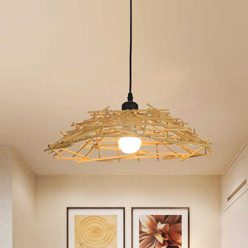 13"/18" Wide Wood Bird Nest Suspension Pendant Light Japanese 1 Bulb Bamboo Hanging Lamp for Bedroom Dining Room Wood Clearhalo 'Ceiling Lights' 'Modern Pendants' 'Modern' 'Pendant Lights' 'Pendants' Lighting' 241934