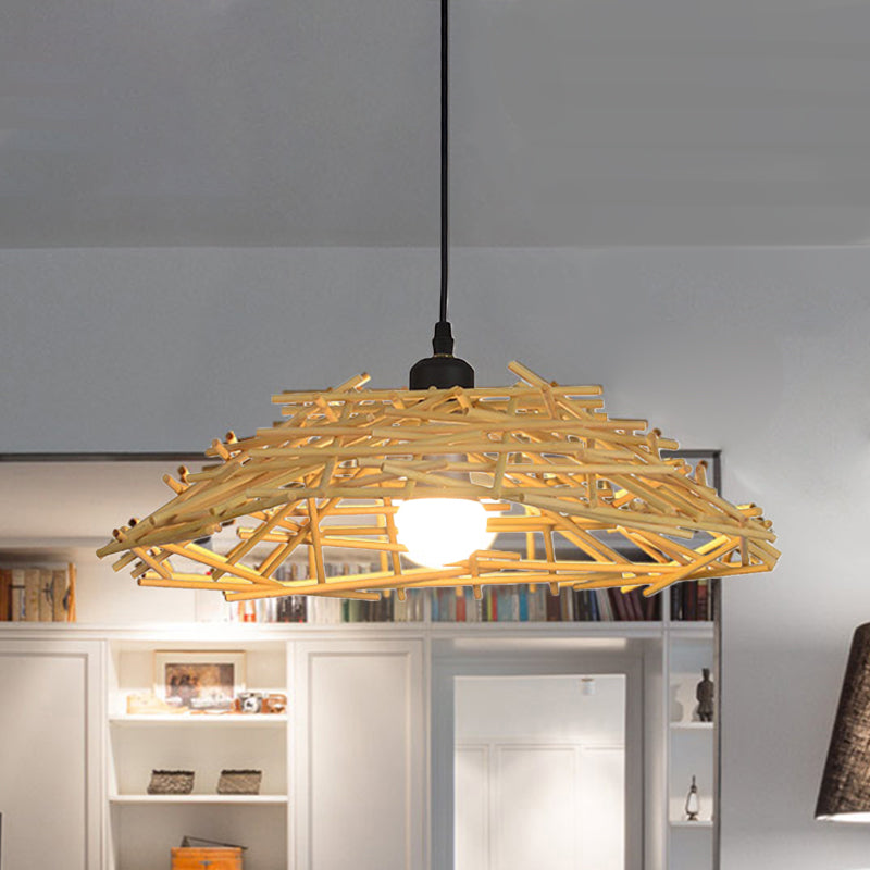 13"/18" Wide Wood Bird Nest Suspension Pendant Light Japanese 1 Bulb Bamboo Hanging Lamp for Bedroom Dining Room Clearhalo 'Ceiling Lights' 'Modern Pendants' 'Modern' 'Pendant Lights' 'Pendants' Lighting' 241935