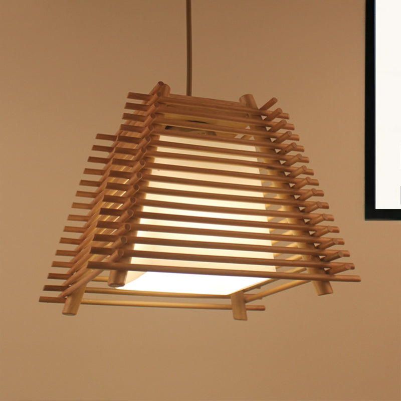 Wood Trapezoid Suspension Pendant Japanese 1-Light Wooden Hanging Light with White Glass Shade for Bedroom Clearhalo 'Ceiling Lights' 'Modern Pendants' 'Modern' 'Pendant Lights' 'Pendants' Lighting' 241936