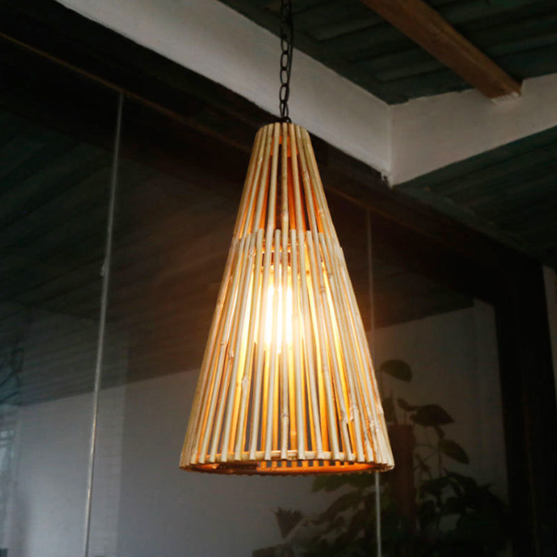 Bamboo Stick Cone Shade Pendant Light Vintage One Bulb Natural Wood Suspension Lamp with Adjustable Chain Wood Clearhalo 'Ceiling Lights' 'Modern Pendants' 'Modern' 'Pendant Lights' 'Pendants' Lighting' 241943