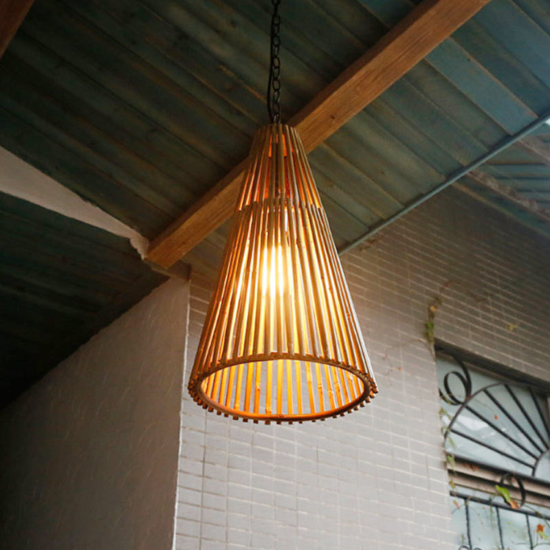 Bamboo Stick Cone Shade Pendant Light Vintage One Bulb Natural Wood Suspension Lamp with Adjustable Chain Clearhalo 'Ceiling Lights' 'Modern Pendants' 'Modern' 'Pendant Lights' 'Pendants' Lighting' 241944