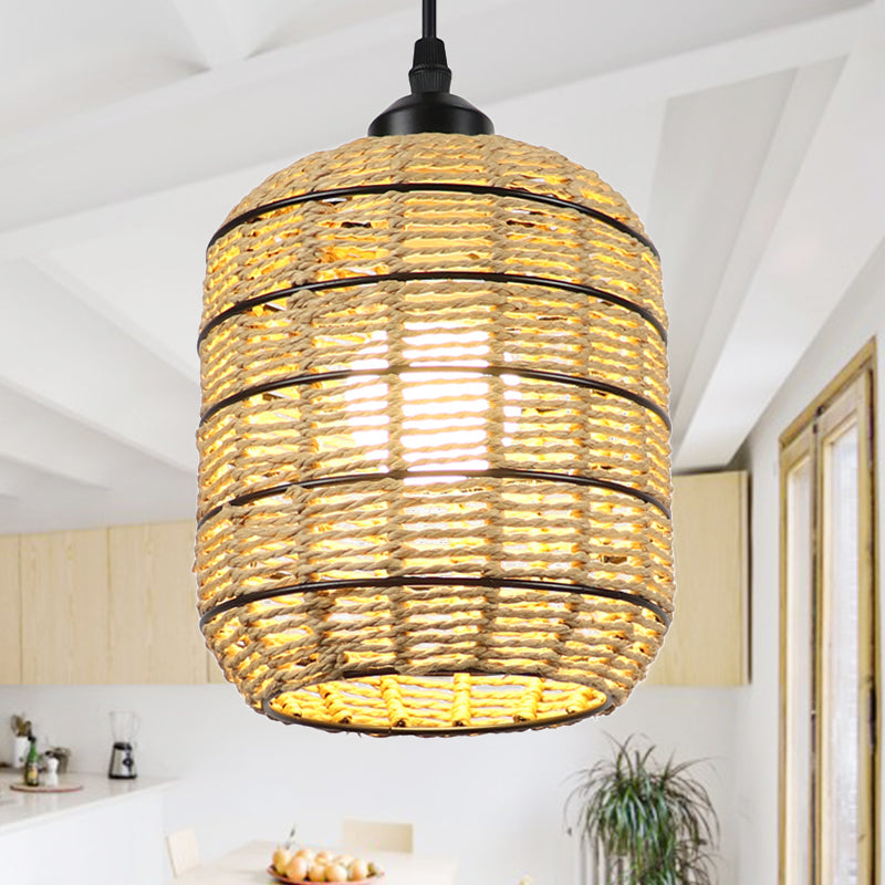 Lantern Suspension Pendant Asian Woven Rattan Single Light Beige Pendant Lamp for Bedroom Clearhalo 'Ceiling Lights' 'Pendant Lights' 'Pendants' Lighting' 241946