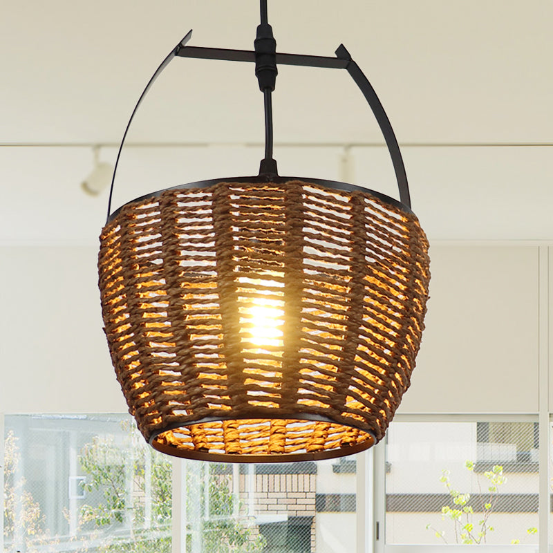 Hand-Woven Rattan Bucket Pendant Light Rustic One Bulb Hanging Lamp in Brown for Living Room Brown Clearhalo 'Ceiling Lights' 'Pendant Lights' 'Pendants' Lighting' 241948_40ee8329-7e47-4f76-832c-5af8ba557648