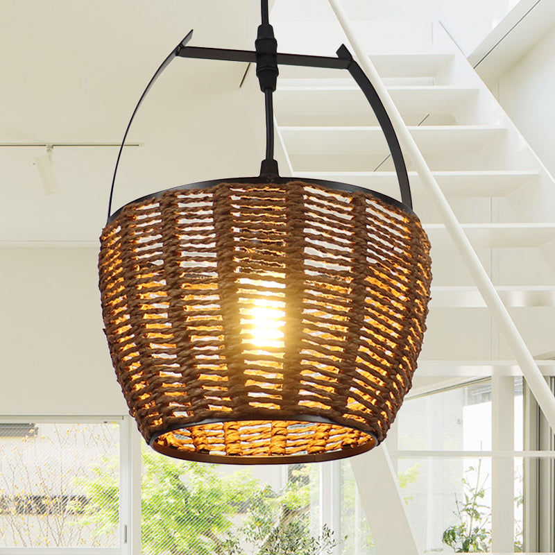 Hand-Woven Rattan Bucket Pendant Light Rustic One Bulb Hanging Lamp in Brown for Living Room Clearhalo 'Ceiling Lights' 'Pendant Lights' 'Pendants' Lighting' 241949