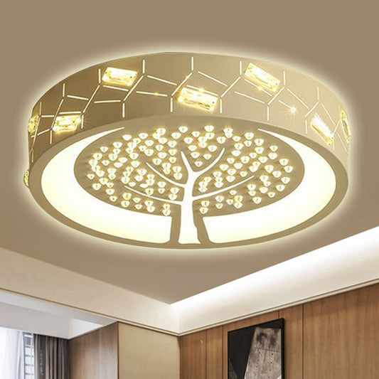 Tree Pattern Round Flush Mount Light Contemporary Metal LED Living Room Ceiling Lighting with Crystal Bead in White/Warm Light White Clearhalo 'Ceiling Lights' 'Close To Ceiling Lights' 'Close to ceiling' 'Flush mount' Lighting' 241954