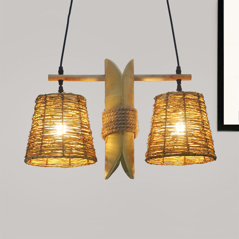 Bucket Rattan Shade Island Lighting Countryside 2 Bulbs Beige Pendant Light Fixture with Bamboo Design Clearhalo 'Ceiling Lights' 'Island Lights' Lighting' 241962