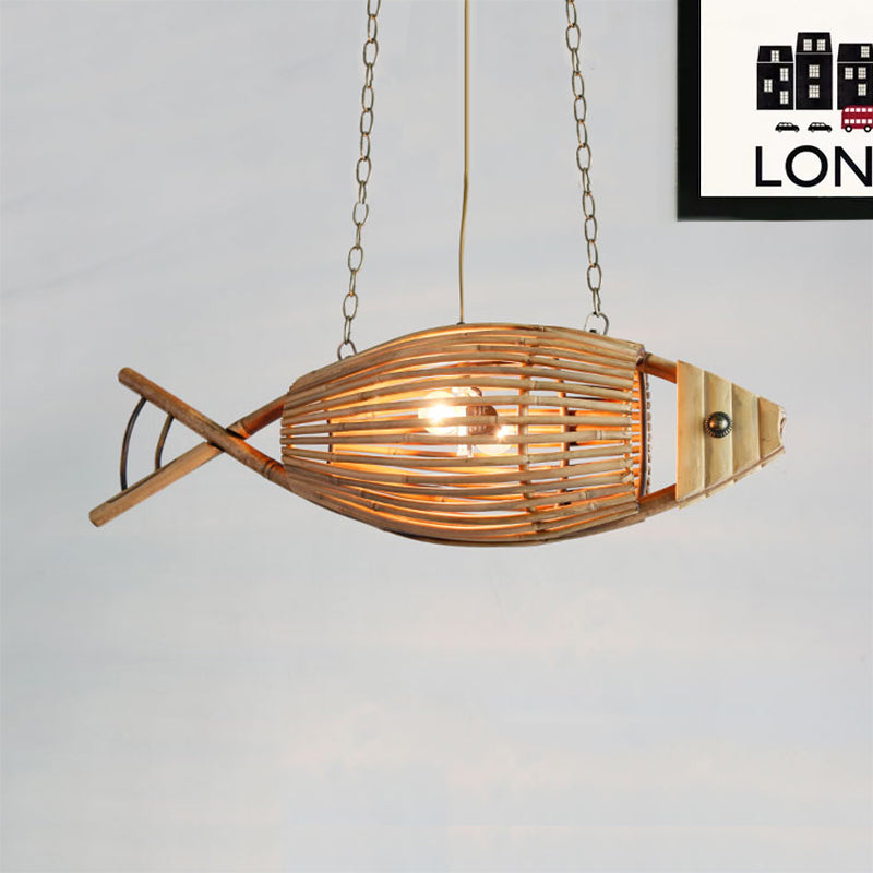 Coastal Style Fish Shaped Chandelier Light Fixture Bamboo 1 Light Bedroom Suspension Lamp in Beige Clearhalo 'Ceiling Lights' 'Chandeliers' Lighting' options 241968