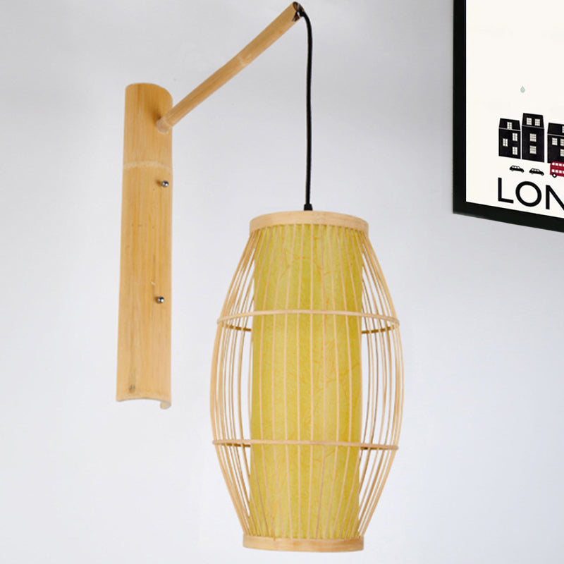 Asian Style Oblong Hanging Wall Light Bamboo 1 Bulb Bedroom Sconce Light Fixture in Beige Clearhalo 'Wall Lamps & Sconces' 'Wall Lights' Lighting' 241979