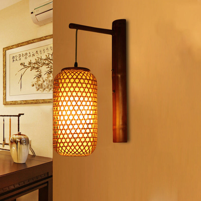 Hand-Knitted Bamboo Wall Lamp Asian Style 1-Light Beige Sconce Fixture with Lantern Design for Hallway Clearhalo 'Wall Lamps & Sconces' 'Wall Lights' Lighting' 241984