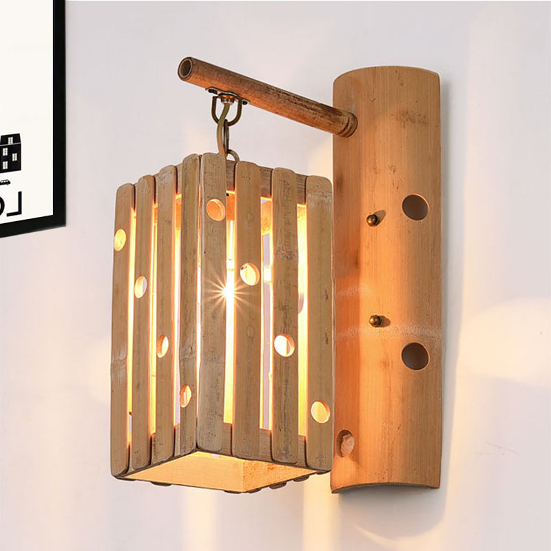 Rectangular Wall Lamp Countryside Bamboo 1-Light Wood Wall Lighting with Pierced Design for Bedroom Wood Clearhalo 'Wall Lamps & Sconces' 'Wall Lights' Lighting' 241987