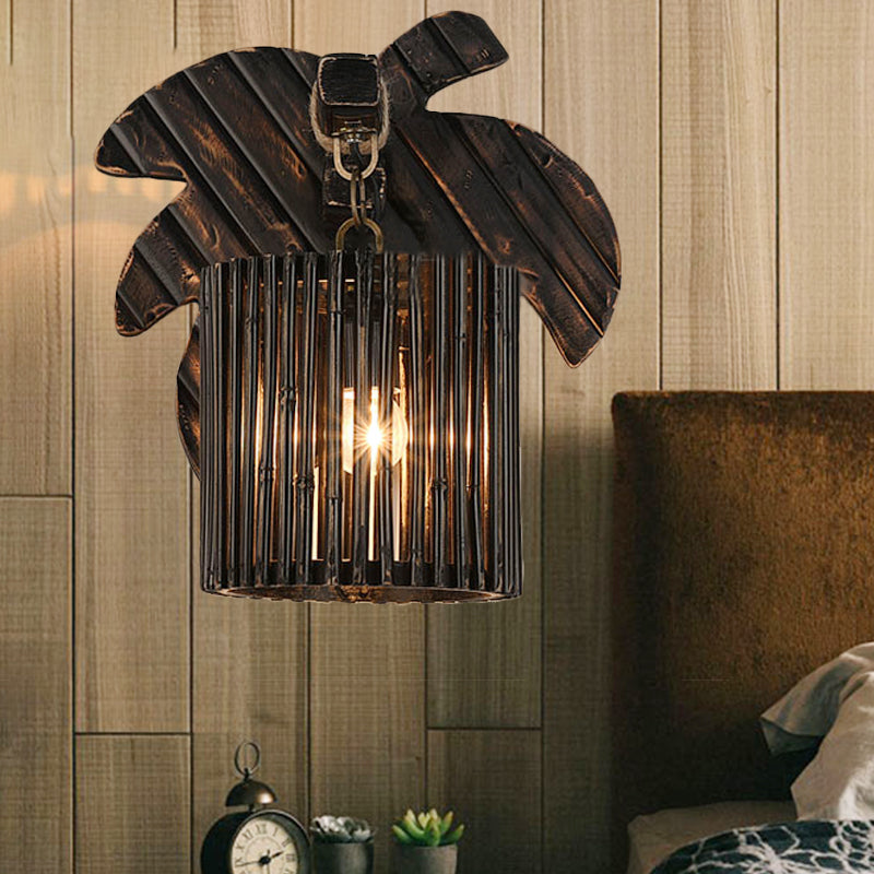 Black Finish Cylindrical Wall Lighting Lodge Stylish 1-Light Bamboo Wall Lamp with Wooden Leaf Backplate Clearhalo 'Modern wall lights' 'Modern' 'Wall Lamps & Sconces' 'Wall Lights' Lighting' 242001