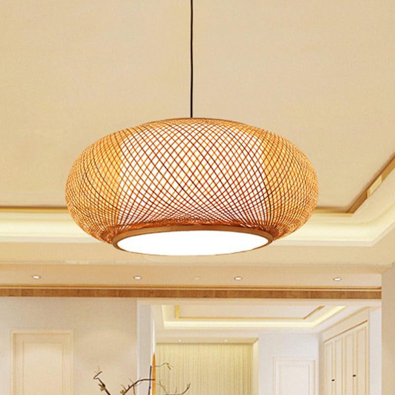 Curved Drum Bamboo Pendant Light Asian Stylish 16"/19.5" W 1 Light Beige Hanging Lamp for Living Room Clearhalo 'Ceiling Lights' 'Pendant Lights' 'Pendants' Lighting' 242011