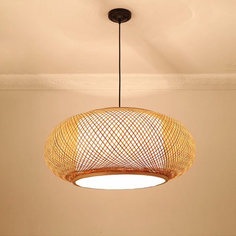 Curved Drum Bamboo Pendant Light Asian Stylish 16"/19.5" W 1 Light Beige Hanging Lamp for Living Room Clearhalo 'Ceiling Lights' 'Pendant Lights' 'Pendants' Lighting' 242012