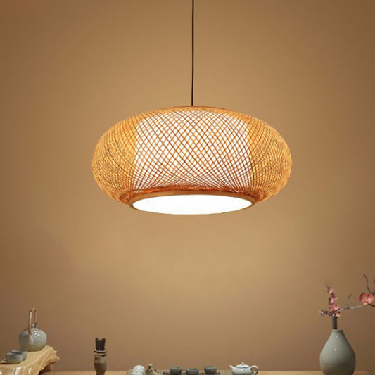 Curved Drum Bamboo Pendant Light Asian Stylish 16"/19.5" W 1 Light Beige Hanging Lamp for Living Room Clearhalo 'Ceiling Lights' 'Pendant Lights' 'Pendants' Lighting' 242013