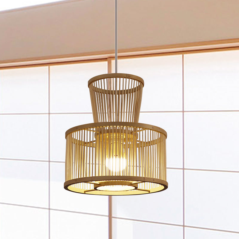 2-Tier Drum Hanging Light Countryside Bamboo 1 Light Beige Pendant Ceiling Light for Bedroom Clearhalo 'Ceiling Lights' 'Pendant Lights' 'Pendants' Lighting' 242020