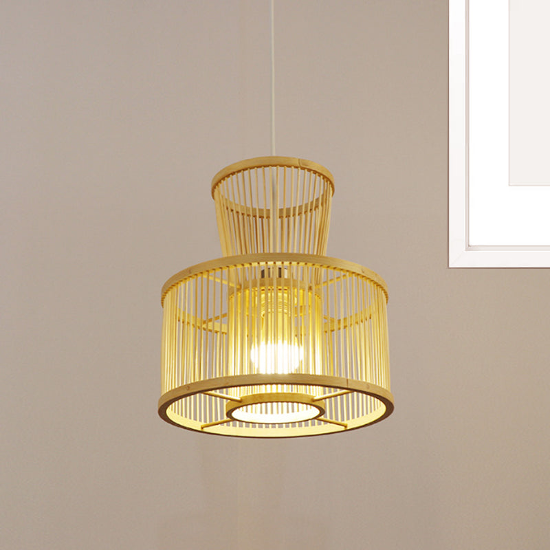 2-Tier Drum Hanging Light Countryside Bamboo 1 Light Beige Pendant Ceiling Light for Bedroom Clearhalo 'Ceiling Lights' 'Pendant Lights' 'Pendants' Lighting' 242021