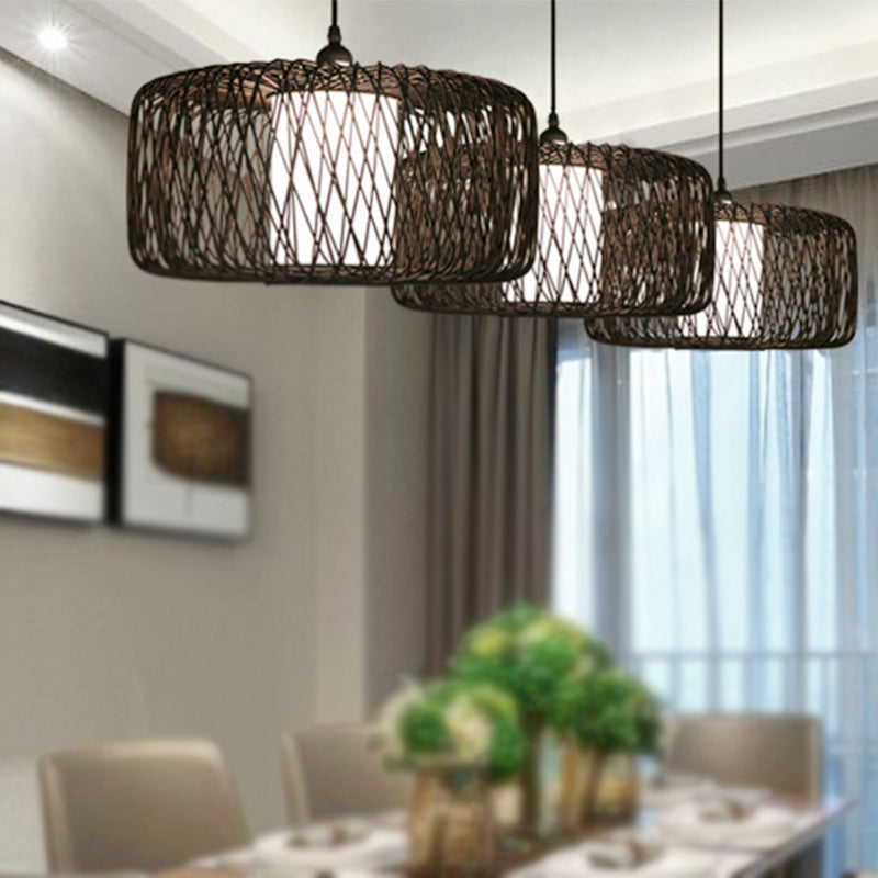 1 Light Restaurant Hanging Lamp with Drum Bamboo Shade Black Pendant Light Fixture, 16"/23.5" Wide Black Clearhalo 'Ceiling Lights' 'Modern Pendants' 'Modern' 'Pendant Lights' 'Pendants' Lighting' 242031