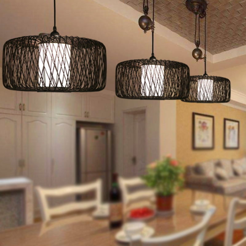 1 Light Restaurant Hanging Lamp with Drum Bamboo Shade Black Pendant Light Fixture, 16"/23.5" Wide Clearhalo 'Ceiling Lights' 'Modern Pendants' 'Modern' 'Pendant Lights' 'Pendants' Lighting' 242032